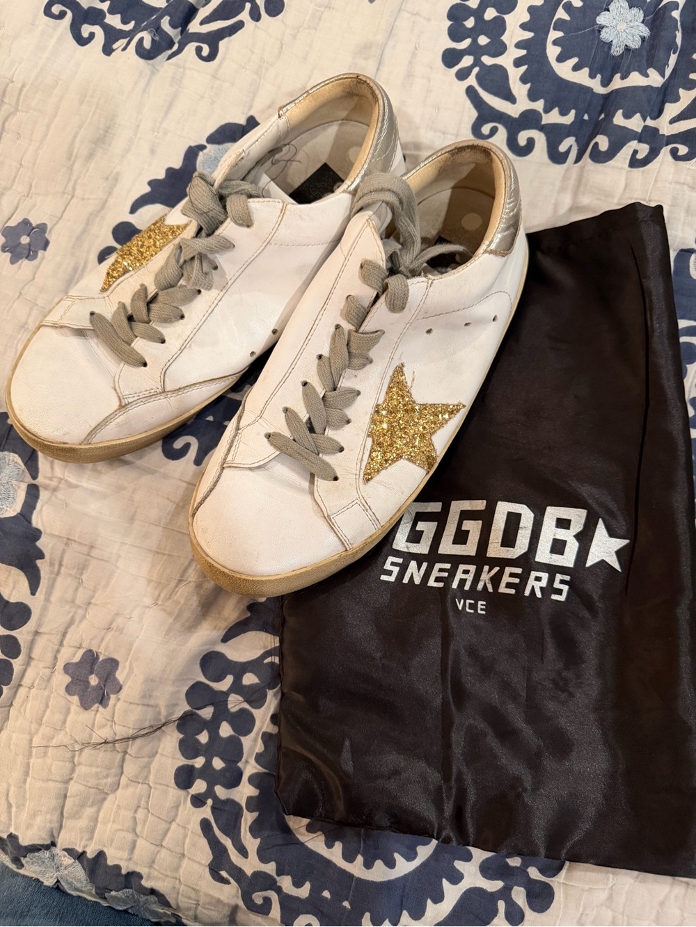 Golden Goose White Leather Sneakers with Gold Glitter Star
